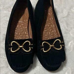 Kate Spade Black Flats suede moccassins with Gold Bow Detail